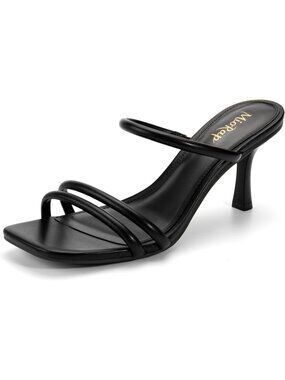 Women's Black Summer Square Open Toe Comfort Strappy Mules Sexy Heeled Sandals